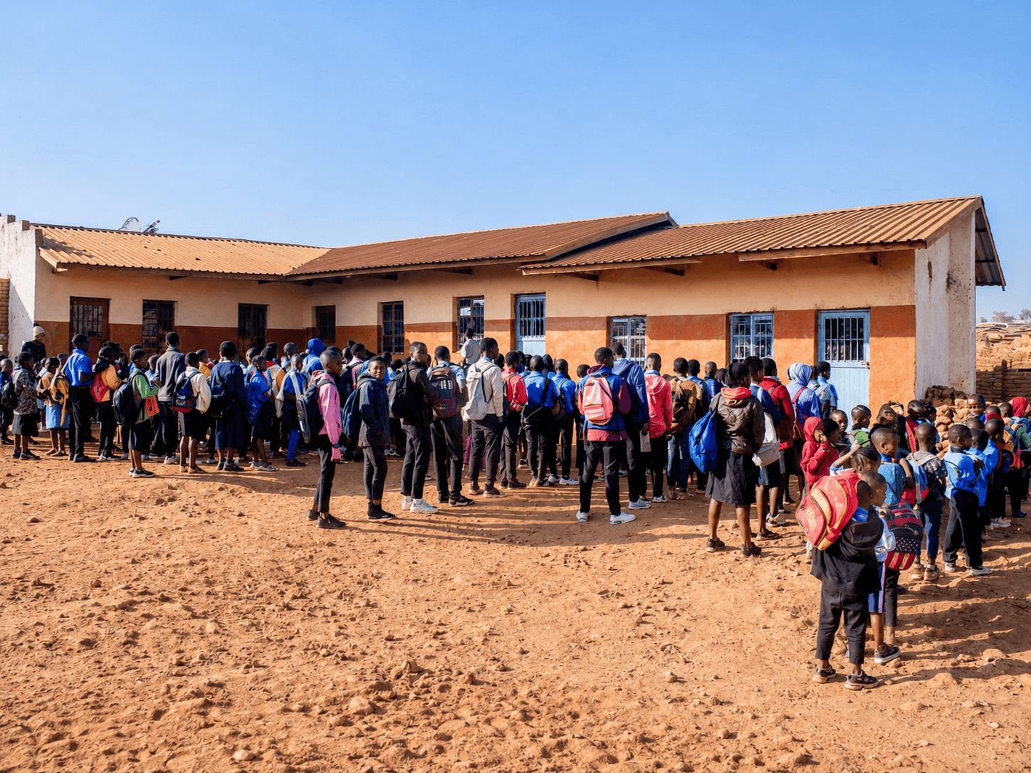 Students and families gathered outside an HFM school in Dzaleka Refugee Camp